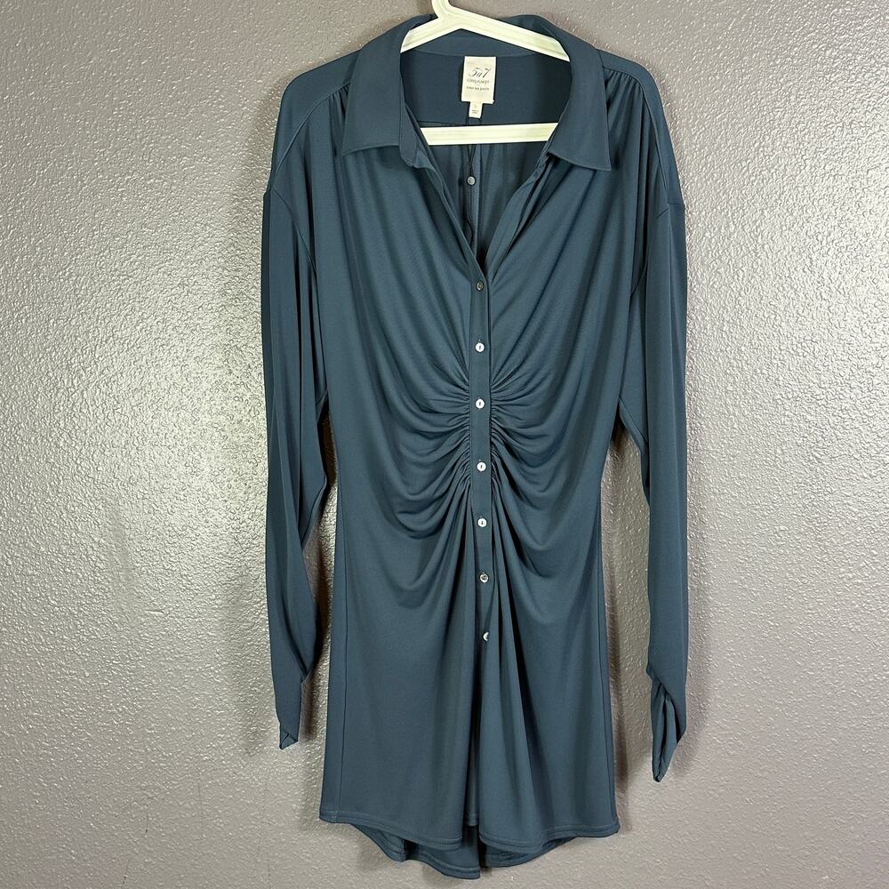 cinq a sept Teal Ruched Button-Front Mini Dress